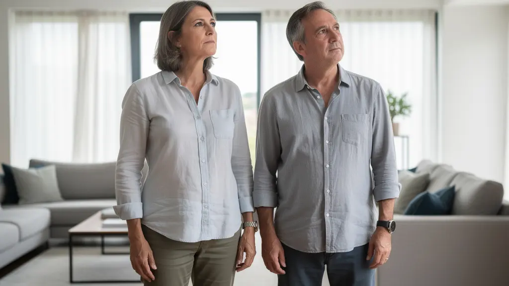 Couple de propriétaires français évaluant leur salon avant mise en vente