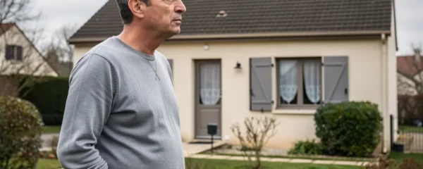 Propriétaire français observant sa maison de banlieue avant estimation immobilière