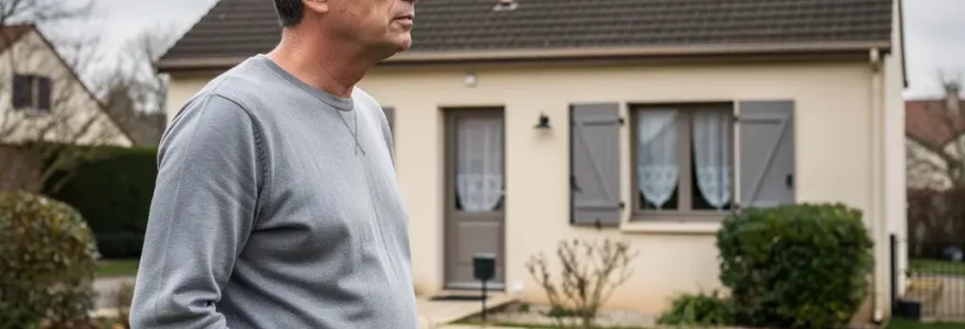 Propriétaire français observant sa maison de banlieue avant estimation immobilière