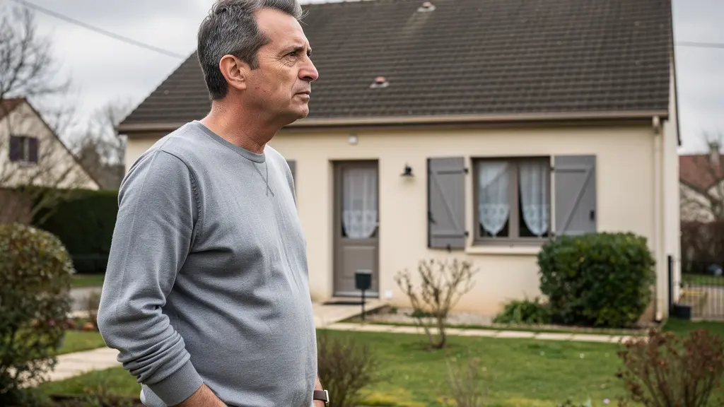 Propriétaire français observant sa maison de banlieue avant estimation immobilière