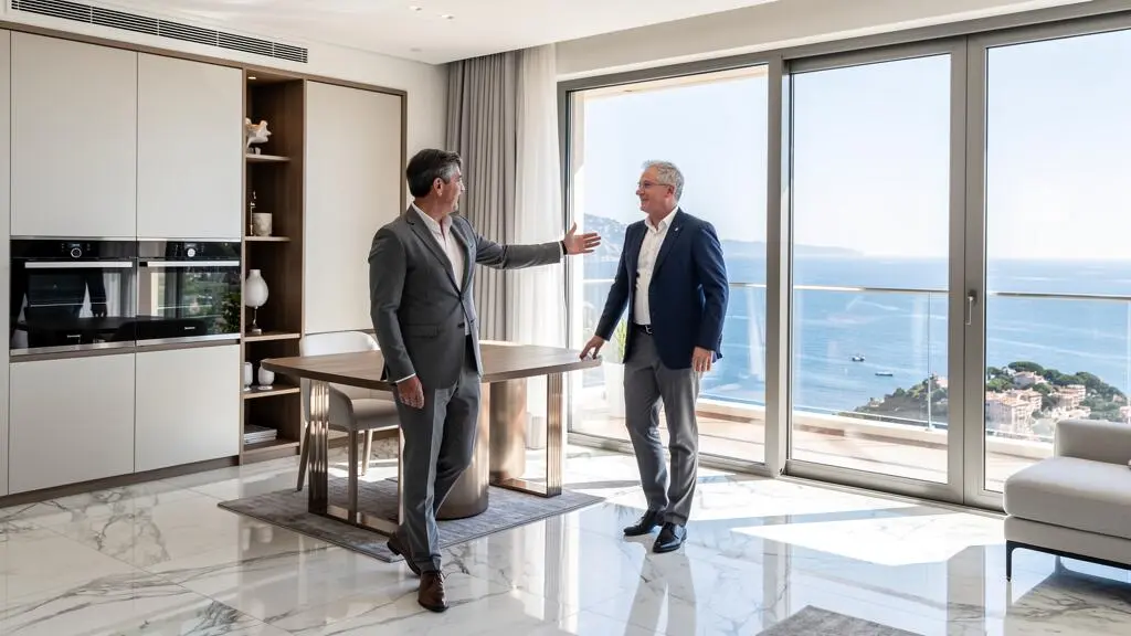 Real estate professional presenting a luxury Monaco apartment to an investor in a bright living space with floor-to-ceiling windows