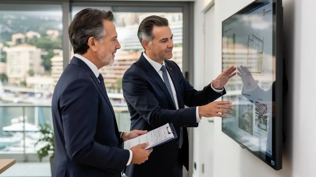 Real estate investment advisor consulting with a client while standing in a modern Monaco office