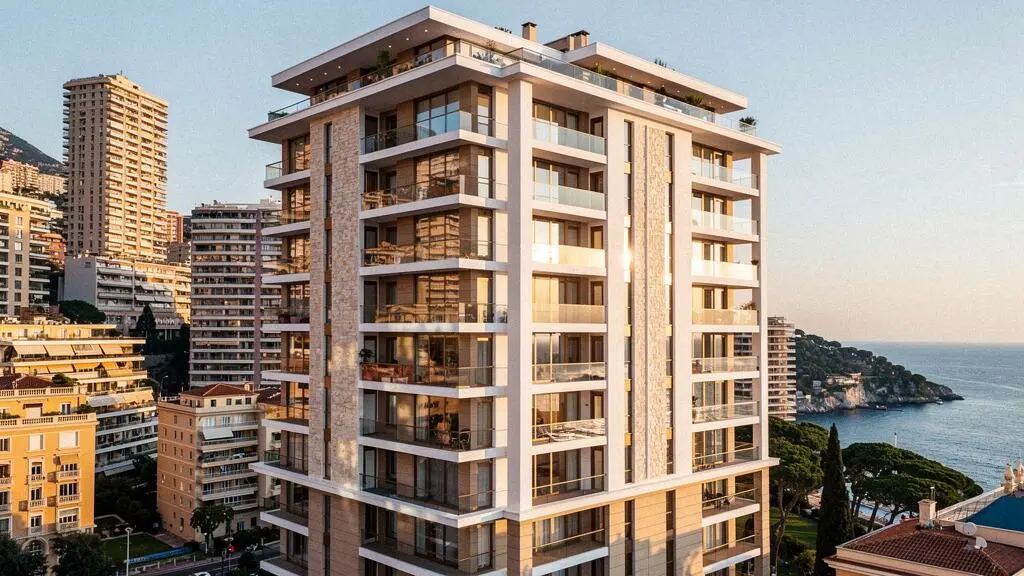 Modern luxury residential building with glass balconies in Monaco's dense urban landscape