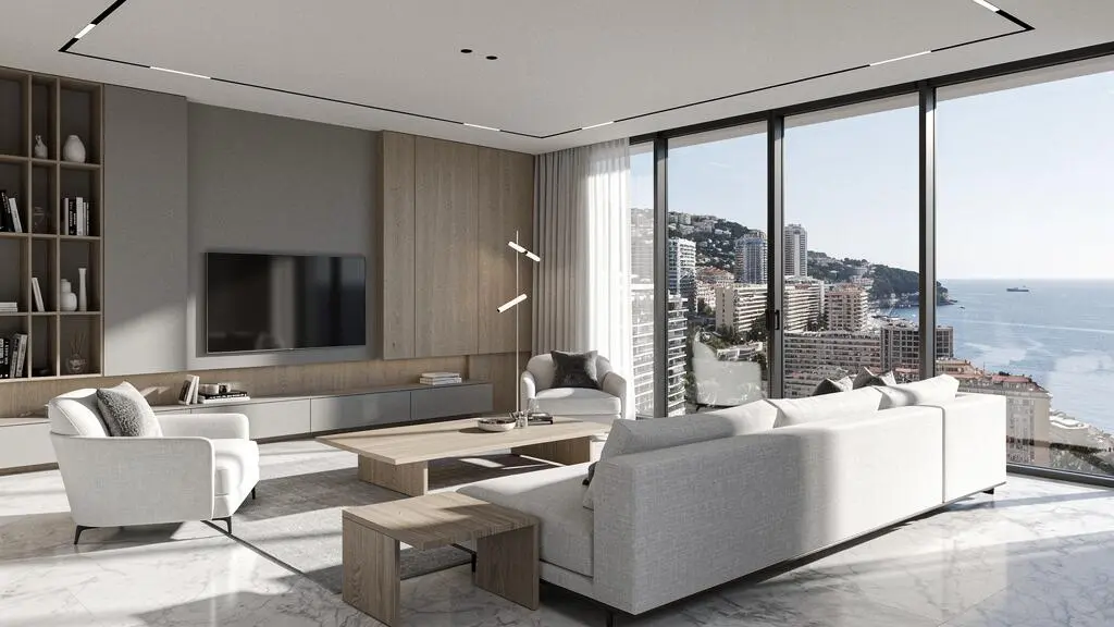 Minimalist luxury living room interior in Monaco with floor-to-ceiling windows overlooking the Mediterranean